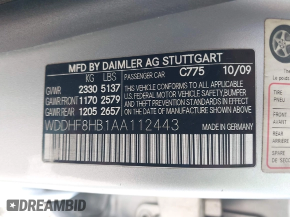 2010 Mercedes-Benz E-Class E 350 Luxury with VIN WDDHF8HB1AA112443, listed as a IAAI auction lot 42099555 with 145,255 mi miles. Bid and sale history available at carsss.com. Image 9.
