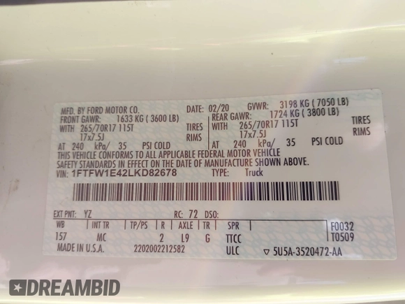 2020 Ford F-150 XL with VIN 1FTFW1E42LKD82678, listed as a IAAI auction lot 42577600 with 141,787 mi miles and . Bid and sale history available at DreamBid. Image 9.
