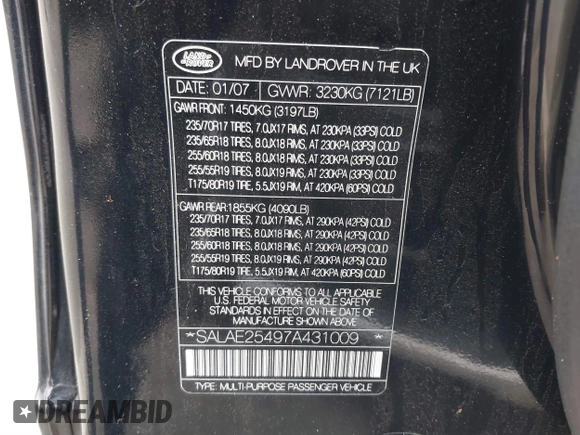 2007 Land Rover LR3 SE z VIN SALAE25497A431009, wystawiony jako IAAI lot #40896436 z przebiegiem 216 212 mil mil oraz . Historia ofert i sprzedaży dostępna na DreamBid. Obrazek 9.