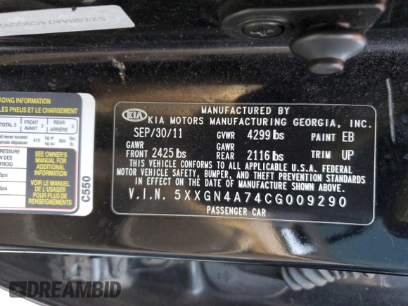 2012 Kia Optima EX with VIN 5XXGN4A74CG009290, listed as a Copart auction lot 50967574 with 217,906 mi miles and Salvage Title. Bid and sale history available at carsss.com. Image 12.