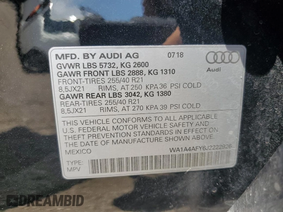 2018 Audi SQ5 Premium Plus with VIN WA1A4AFY6J2222926, listed as a Copart auction lot 51795383 with 64,658 mi miles. Bid and sale history available at carsss.com. Image 15.