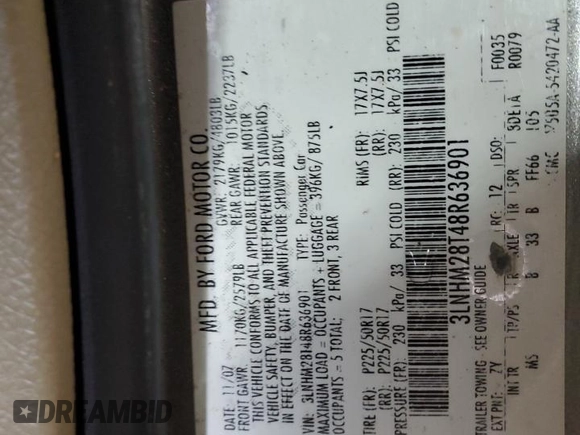 2008 Lincoln MKZ with VIN 3LNHM28T48R636901, listed as a Copart auction lot 82717044 with Not Provided miles and Clean Title. Bid and sale history available at DreamBid. Image 12.