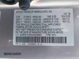 2019 Honda CR-V EX with VIN 5J6RW1H5XKA003863, listed as a IAAI auction lot 41424720 with 1 mi miles. Bid and sale history available at carsss.com. Image 9.
