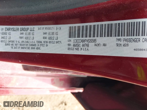 2015 Chrysler 200 Limited with VIN 1C3CCCAB0FN526585, listed as a IAAI auction lot 41558501 with 150,100 mi miles. Bid and sale history available at carsss.com. Image 9.
