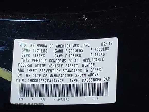 2015 Honda Accord EX-L with VIN 1HGCR2F82FA194479, listed as a IAAI auction lot 42492773 with Not provided miles and . Bid and sale history available at DreamBid. Image 9.