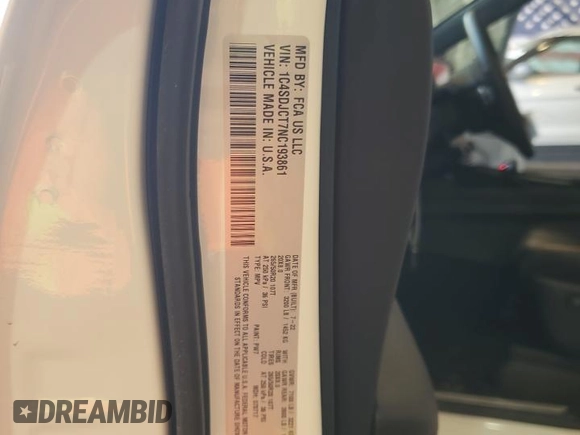 2022 Dodge Durango R/T Plus with VIN 1C4SDJCT7NC193861, listed as a Copart auction lot 73377994 with 20,111 mi miles and Salvage title. Bid and sale history available at DreamBid. Image 13.