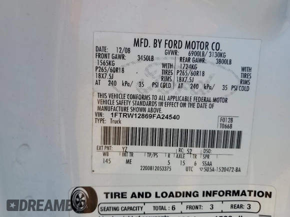 2009 Ford F-150 XL with VIN 1FTRW12869FA24540, listed as a Copart auction lot 49086015 with 184,310 mi miles and Salvage Title. Bid and sale history available at carsss.com. Image 13.