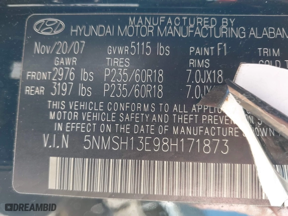 2008 Hyundai Santa Fe SE with VIN 5NMSH13E98H171873, listed as a IAAI auction lot 41527999 with 220,904 mi miles. Bid and sale history available at carsss.com. Image 9.