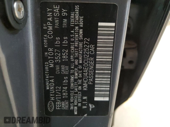 2012 Hyundai Accent GLS z VIN KMHCU4AE0CU225272, wystawiony jako Copart lot #49724155 z przebiegiem Nie podano mil oraz Szkoda całkowita • Salvage title. Historia ofert i sprzedaży dostępna na DreamBid. Obrazek 12.