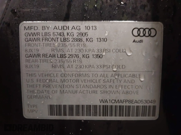 2014 Audi Q5 Premium Plus z VIN WA1CMAFP8EA053049, wystawiony jako IAAI lot #41625310 z przebiegiem 122 678 mil mil oraz . Historia ofert i sprzedaży dostępna na DreamBid. Obrazek 9.
