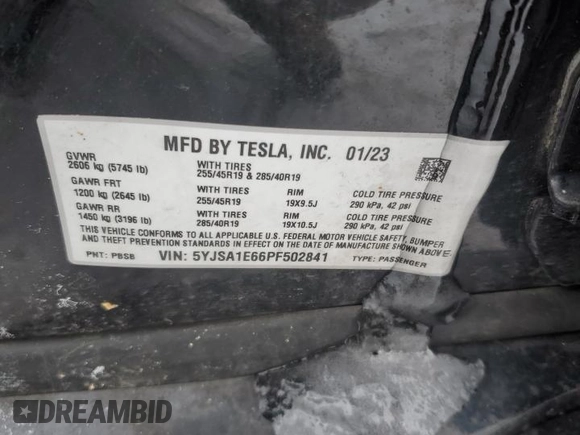 2023 Tesla Model S Plaid with VIN 5YJSA1E66PF502841, listed as a Copart auction lot 45660445 with 29,860 mi miles and Salvage title. Bid and sale history available at DreamBid. Image 12.