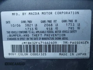 2007 Mazda 3 i Touring with VIN JM1BK32F471662609, listed as a IAAI auction lot 41658970 with 132,786 mi miles and . Bid and sale history available at DreamBid. Image 9.