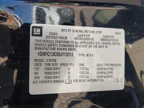 2008 Chevrolet Tahoe LS with VIN 1GNFC13C08J113912, listed as a IAAI auction lot 41743137 with 138,023 mi miles and . Bid and sale history available at DreamBid. Image 9.