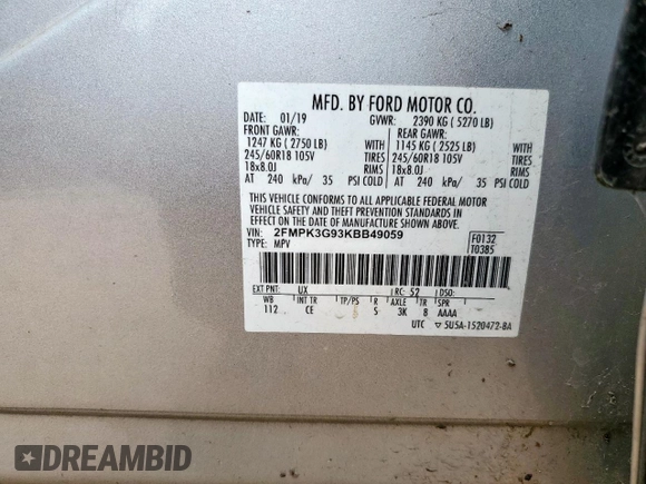 2019 Ford Edge SE with VIN 2FMPK3G93KBB49059, listed as a Copart auction lot 63349805 with 95,750 mi miles and Clean title. Bid and sale history available at DreamBid. Image 13.