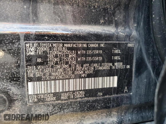 2022 Toyota RAV4 XLE Premium with VIN 2T3C1RFV2NC206720, listed as a Copart auction lot 56006435 with 40,537 mi miles and Salvage title. Bid and sale history available at DreamBid. Image 13.