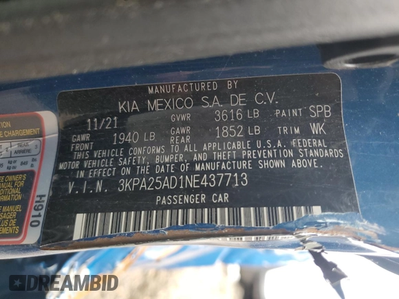 2022 Kia Rio S with VIN 3KPA25AD1NE437713, listed as a Copart auction lot 89347655 with 27,188 mi miles and Salvage Title. Bid and sale history available at DreamBid. Image 12.
