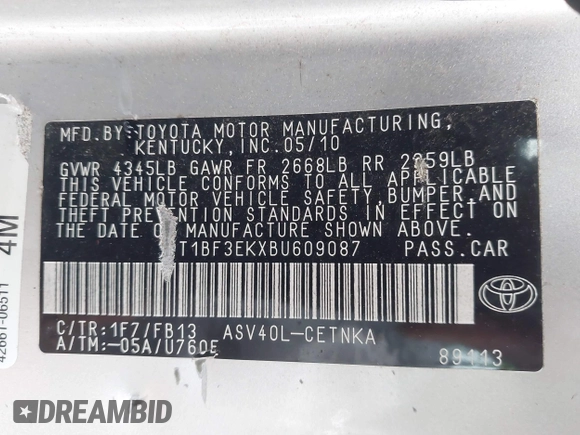 2011 Toyota Camry LE with VIN 4T1BF3EKXBU609087, listed as a IAAI auction lot 41973469 with 167,246 mi miles. Bid and sale history available at carsss.com. Image 9.