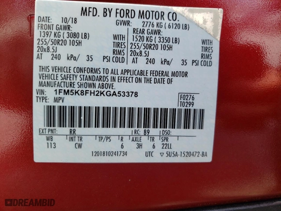 2019 Ford Explorer Limited with VIN 1FM5K8FH2KGA53378, listed as a Copart auction lot 59674923 with 45,772 mi miles. Bid and sale history available at carsss.com. Image 12.