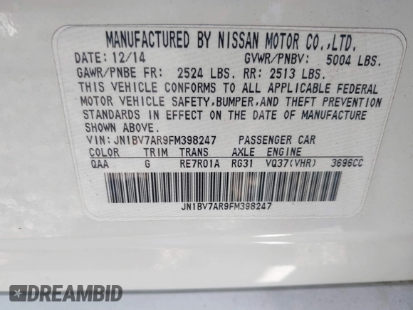 2015 Infiniti Q50 Premium z VIN JN1BV7AR9FM398247, wystawiony jako IAAI lot #42059004 z przebiegiem Nie podano mil oraz . Historia ofert i sprzedaży dostępna na DreamBid. Obrazek 9.