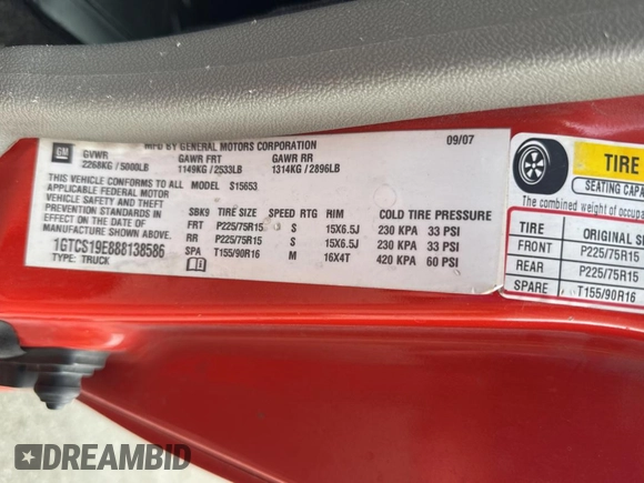 2008 GMC Canyon SLE1 with VIN 1GTCS19E888138586, listed as a Copart auction lot 53332145 with 132,856 mi miles and Clean Title. Bid and sale history available at carsss.com. Image 10.