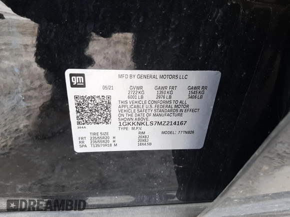 2021 GMC Acadia SLE with VIN 1GKKNKLS7MZ214167, listed as a Copart auction lot 43127365 with 70,351 mi miles and Salvage Title. Bid and sale history available at DreamBid. Image 14.