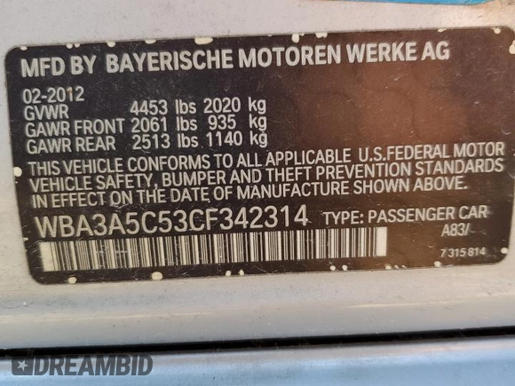 2012 BMW 3 Series 328i with VIN WBA3A5C53CF342314, listed as a Copart auction lot 52283235 with 158,933 mi miles and Salvage Title. Bid and sale history available at carsss.com. Image 12.