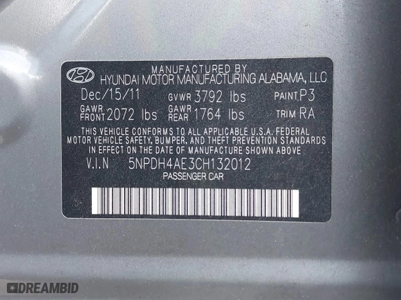 2012 Hyundai Elantra GLS with VIN 5NPDH4AE3CH132012, listed as a IAAI auction lot 41902708 with 123,032 mi miles. Bid and sale history available at carsss.com. Image 9.