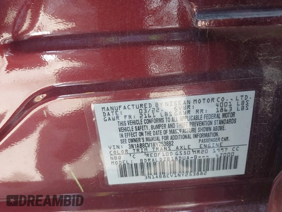 2022 Nissan Sentra SV z VIN 3N1AB8CV1NY253882, wystawiony jako IAAI lot #41942906 z przebiegiem 97 042 mil mil oraz . Historia ofert i sprzedaży dostępna na DreamBid. Obrazek 9.