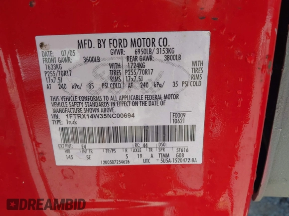 2005 Ford F-150 STX with VIN 1FTRX14W35NC00694, listed as a IAAI auction lot 42112128 with 157,067 mi miles and . Bid and sale history available at carsss.com. Image 9.