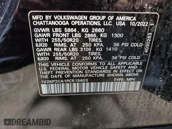 2023 Volkswagen Atlas SE with VIN 1V2KP2CA1PC515603, listed as a Copart auction lot 87450804 with 45,643 mi miles and Salvage title. Bid and sale history available at DreamBid. Image 15.