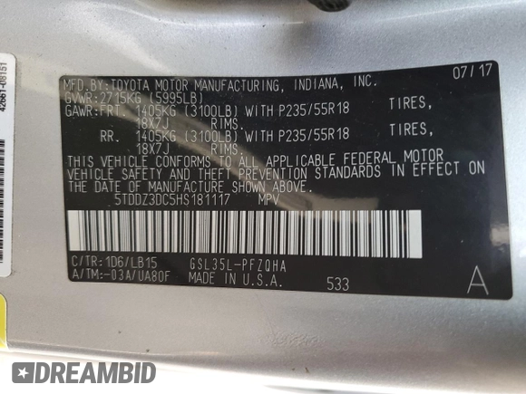 2017 Toyota Sienna XLE with VIN 5TDDZ3DC5HS181117, listed as a Copart auction lot 48122515 with 53,376 mi miles and Salvage title. Bid and sale history available at DreamBid. Image 13.