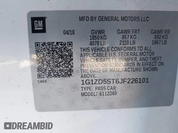 2018 Chevrolet Malibu LT z VIN 1G1ZD5ST6JF226101, wystawiony jako IAAI lot #42455355 z przebiegiem 119 081 mil mil oraz . Historia ofert i sprzedaży dostępna na DreamBid. Obrazek 9.