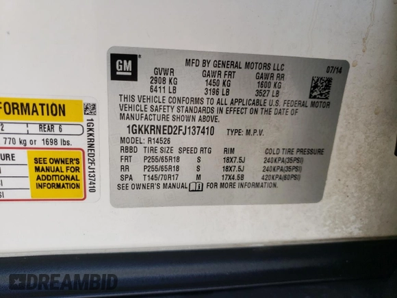 2015 GMC Acadia SLE with VIN 1GKKRNED2FJ137410, listed as a Copart auction lot 50309365 with 163,943 mi miles and Salvage title. Bid and sale history available at DreamBid. Image 13.