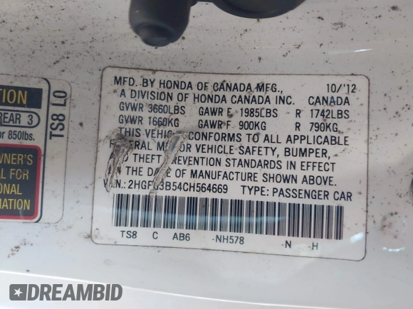 2012 Honda Civic Cpe LX with VIN 2HGFG3B54CH564669, listed as a IAAI auction lot 41680165 with 82,502 mi miles. Bid and sale history available at carsss.com. Image 9.