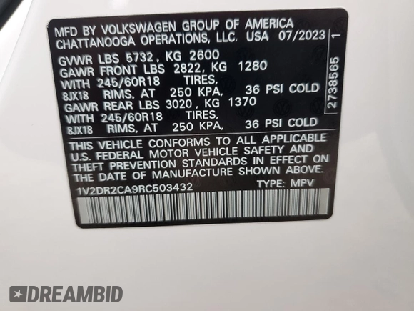 2024 Volkswagen Atlas SE z VIN 1V2DR2CA9RC503432, wystawiony jako Copart lot #85468494 z przebiegiem 25 243 mil mil oraz Szkoda całkowita • Salvage title. Historia ofert i sprzedaży dostępna na DreamBid. Obrazek 13.
