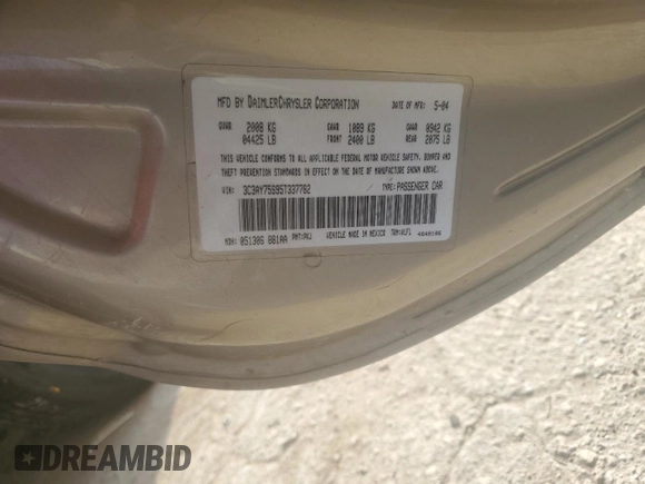 2005 Chrysler PT Cruiser GT with VIN 3C3AY75S95T337782, listed as a Copart auction lot 60200705 with 109,931 mi miles and Salvage title. Bid and sale history available at DreamBid. Image 12.