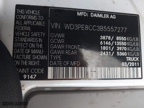 2011 Mercedes-Benz Sprinter Cargo Vans with VIN WD3PE8CC3B5557277, listed as a IAAI auction lot 41254899 with 82,362 mi miles. Bid and sale history available at carsss.com. Image 9.