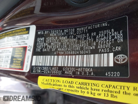 2011 Toyota Avalon with VIN 4T1BK3DB8BU416045, listed as a IAAI auction lot 41711885 with 153,910 mi miles and . Bid and sale history available at DreamBid. Image 9.