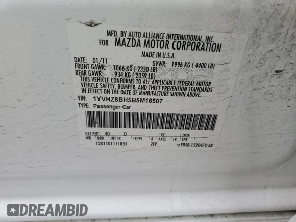 2011 Mazda Mazda6 i Sport with VIN 1YVHZ8BH5B5M16507, listed as a Copart auction lot 48986925 with 146,880 mi miles and Salvage Title. Bid and sale history available at carsss.com. Image 14.