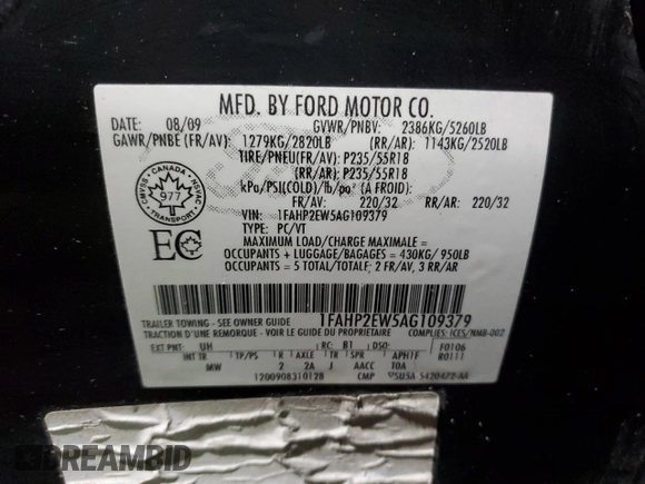 2010 Ford Taurus SEL with VIN 1FAHP2EW5AG109379, listed as a Copart auction lot 50165305 with 128,690 mi miles and Clean Title. Bid and sale history available at DreamBid. Image 12.