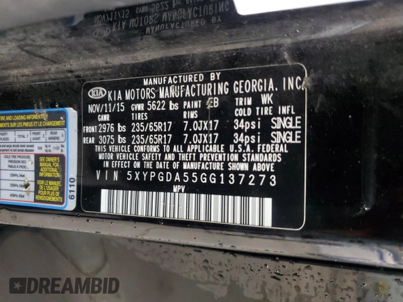 2016 Kia Sorento LX with VIN 5XYPGDA55GG137273, listed as a Copart auction lot 87420554 with 131,056 mi miles and Salvage Title. Bid and sale history available at carsss.com. Image 16.