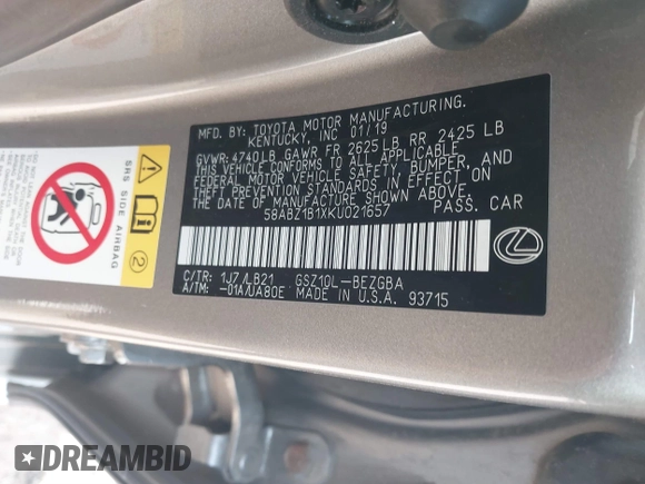 2019 Lexus ES 350 with VIN 58ABZ1B1XKU021657, listed as a IAAI auction lot 40505523 with Not provided miles and . Bid and sale history available at DreamBid. Image 9.