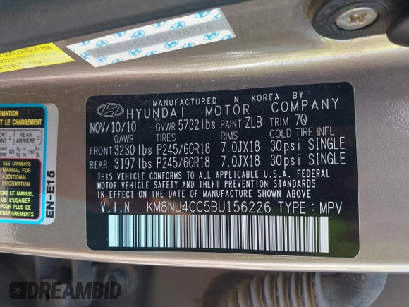 2011 Hyundai Veracruz GLS with VIN KM8NU4CC5BU156226, listed as a IAAI auction lot 40325906 with 223,245 mi miles and . Bid and sale history available at DreamBid. Image 9.