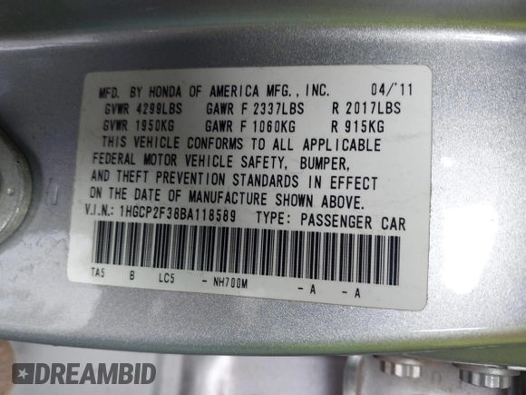 2011 Honda Accord LX with VIN 1HGCP2F38BA118589, listed as a IAAI auction lot 42516149 with 66,940 mi miles and . Bid and sale history available at DreamBid. Image 9.