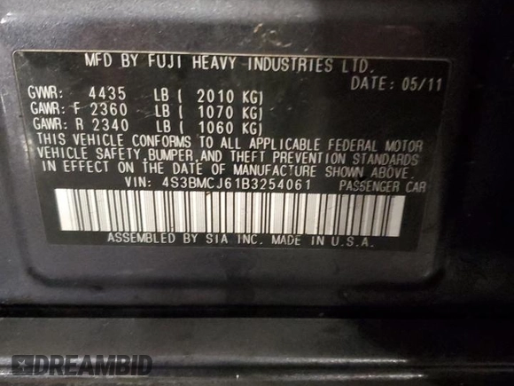 2011 Subaru Legacy Limited with VIN 4S3BMCJ61B3254061, listed as a Copart auction lot 85349924 with 127,016 mi miles and Salvage title. Bid and sale history available at DreamBid. Image 14.