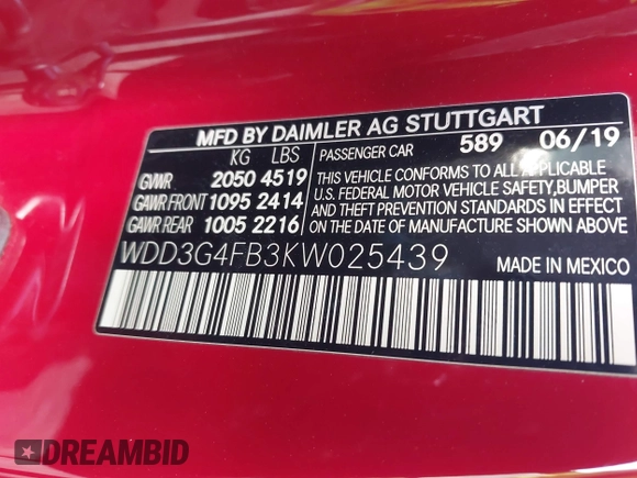 2019 Mercedes-Benz A 220 with VIN WDD3G4FB3KW025439, listed as a IAAI auction lot 41911671 with 59,187 mi miles and . Bid and sale history available at DreamBid. Image 9.