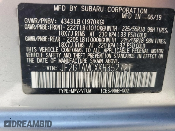 2019 Subaru Crosstrek Limited с VIN JF2GTAMCXKH352721, выставлен на аукционе Copart как лот 56590515 с пробегом 43 160 миль миль и Списание • Salvage title. История ставок и продаж доступна на DreamBid. Изображение 13.
