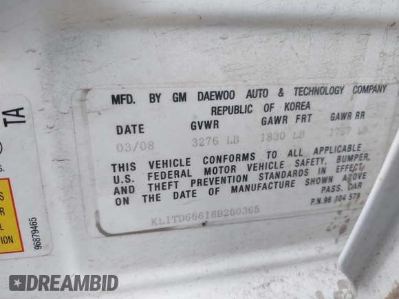2008 Chevrolet Aveo LS with VIN KL1TD66618B260365, listed as a IAAI auction lot 41145093 with Not Provided miles and . Bid and sale history available at DreamBid. Image 9.