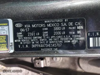 2017 Kia Forte LX with VIN 3KPFK4A75HE145707, listed as a IAAI auction lot 41808305 with 107,457 mi miles. Bid and sale history available at carsss.com. Image 9.