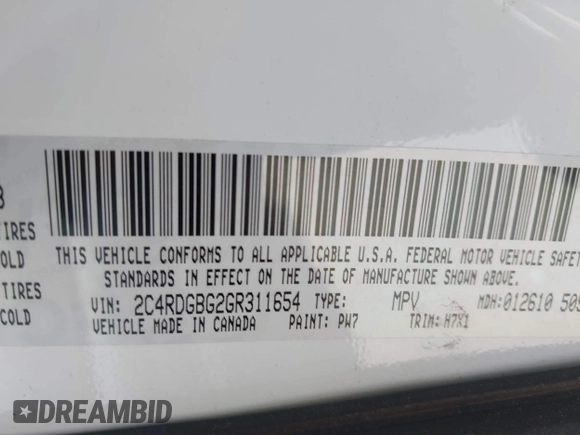 2016 Dodge Grand Caravan SE with VIN 2C4RDGBG2GR311654, listed as a IAAI auction lot 42056032 with 185,330 mi miles and . Bid and sale history available at DreamBid. Image 9.